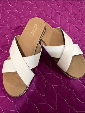 Catherines White Crisscross Slide Sandals with Tan Footbed